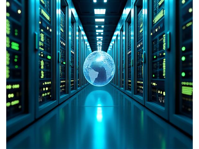 Sarežģīta datu centra infrastruktūra ar globālu karšu overlay, kas vizualizē ģeogrāfiski izplatītu dublēšanu, fonā ar optisko šķiedru kabeļiem un serveru statīviem.