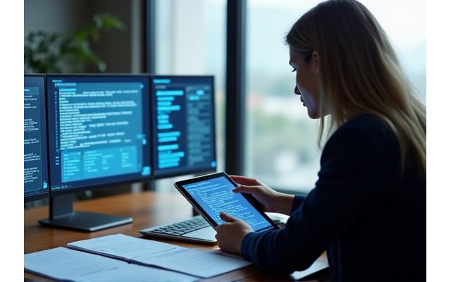 Uzņēmējs strādā ar digitalizētiem dokumentiem un planšetdatoru, attēlojot efektivitāti