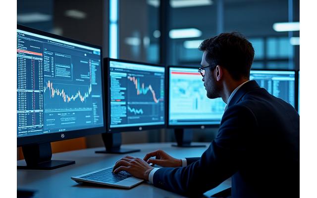 Finanšu analītiķis pēta grafikus uz vairākiem monitoriem, attēlojot precizitāti