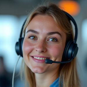 Draudzīga klientu atbalsta speciāliste smaida, runājot pa telefonu.