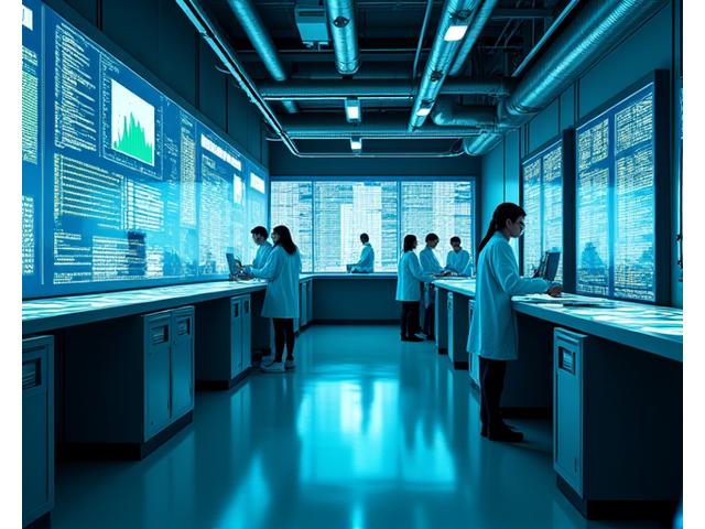 Modernas pētniecības un attīstības laboratorijas interjers ar futūristisku aprīkojumu un zinātniekiem, kas strādā.