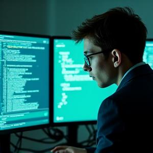Tehniskais speciālists strādā pie sarežģīta koda uz vairākiem monitoriem.