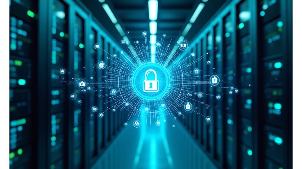 Šifrēta datu plūsma modernā serveru telpā ar bloķēšanas ikonām