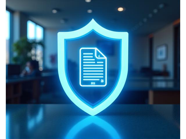 Vizualizēts datu aizsardzības vairogs ar GDPR un FERPA simboliem, kas aptver digitālas mapes, ar tīru, profesionālu fonu, simbolizējot drošību izglītības dokumentu pārvaldībā.