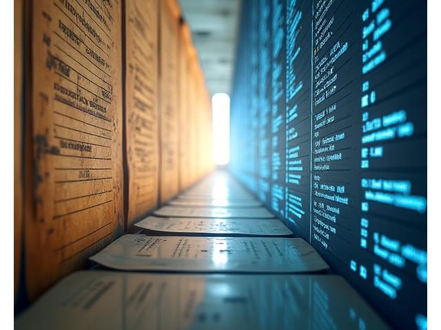 Digitālās arhīva sistēmas vizuāla attēlošana ar seniem dokumentiem, kas pārtop par sakārtotiem digitāliem failiem hronoloģiskā laika skalā. Fokusā ir vēsturiskā saglabāšana un viegla piekļuve arhīva datiem.